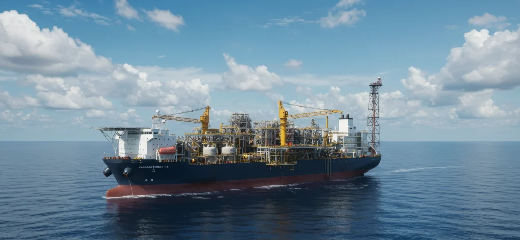 Nave FPSO con Steel Catenary Risers e Umbilicals Pull-in System
